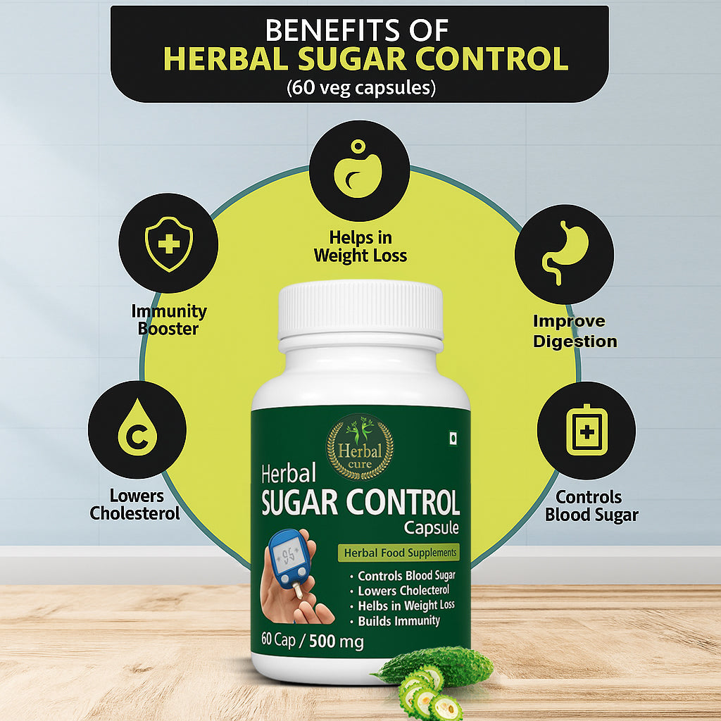 Herbal sugar control supplement bottle with benefits listed