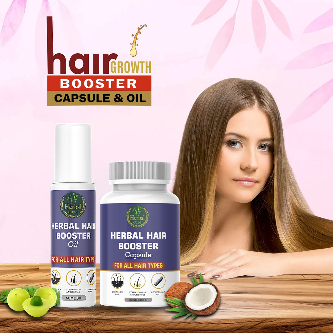 Herbal hair growth products with a woman with long hair 