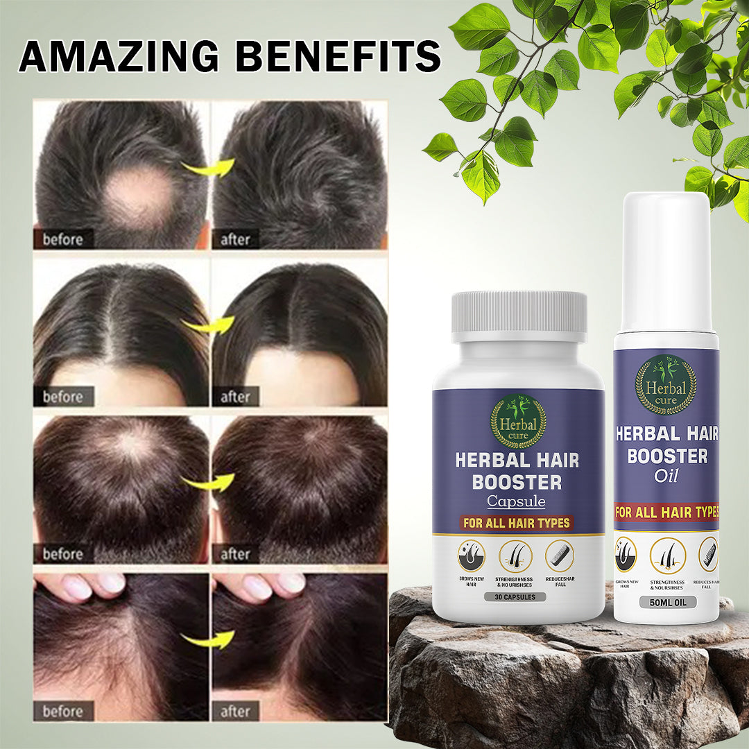 Herbal hair booster product with before and after images of hair 