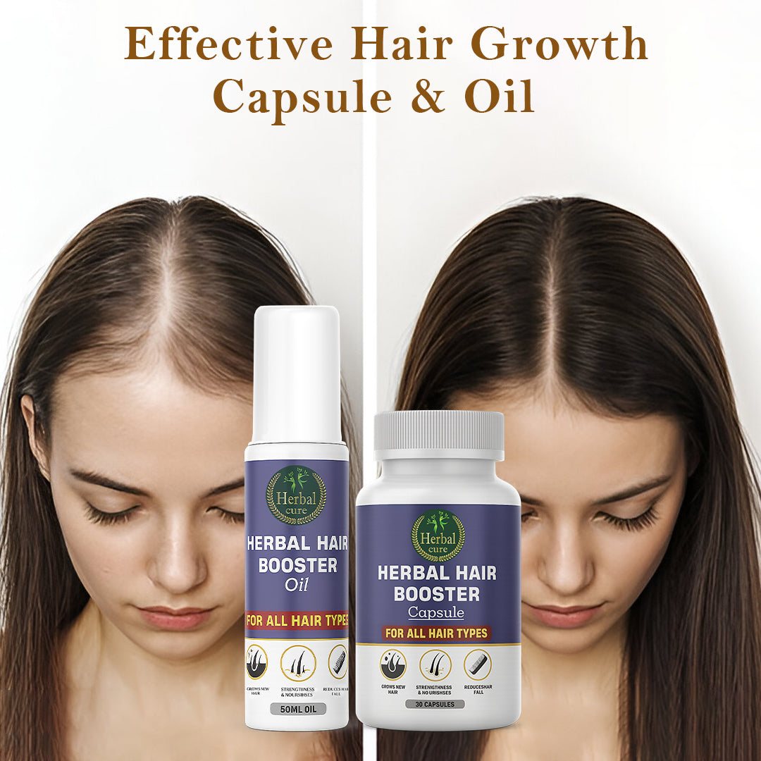 Herbal hair growth oil and capsule with a side-by-side comparison of hair before and after use.