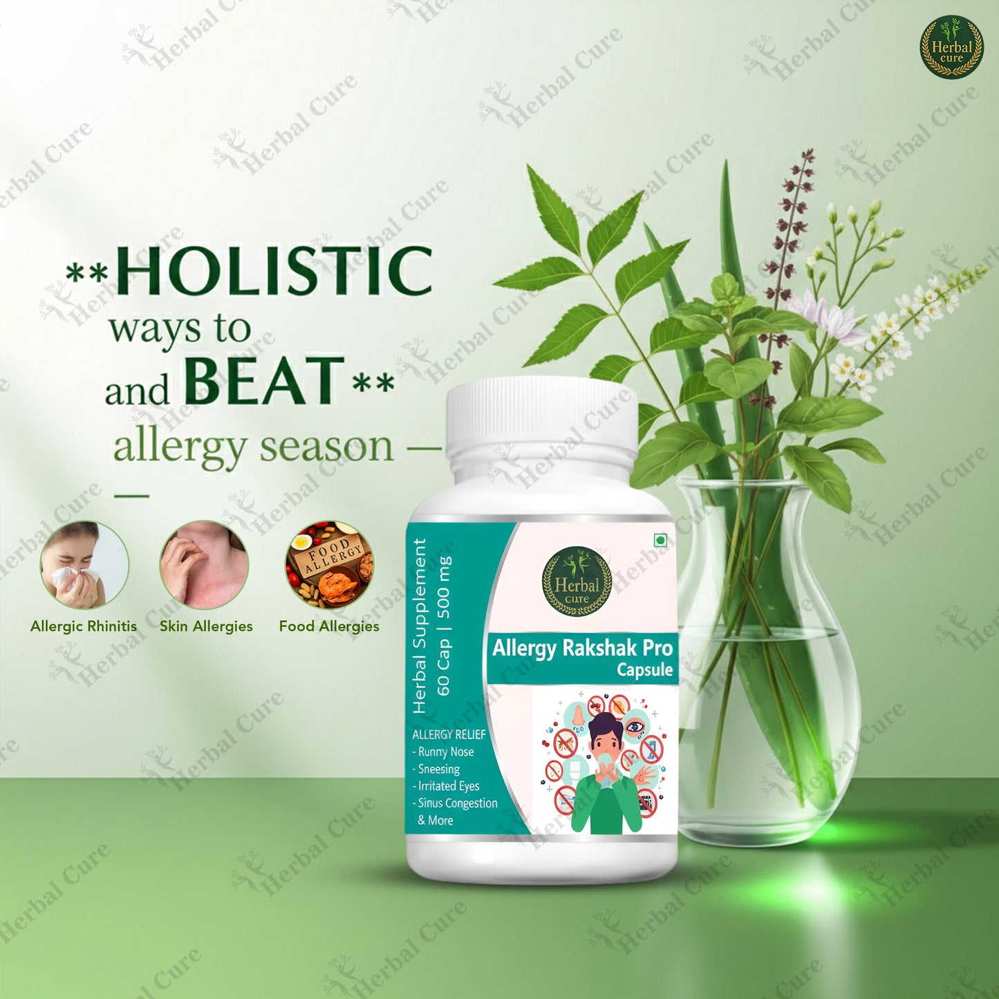 Herbal supplement bottle labeled 'Allergy Rakshak Pro Capsule' 