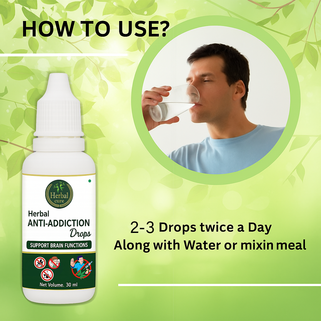Herbal anti-addiction drops with usage instructions and a man using them.