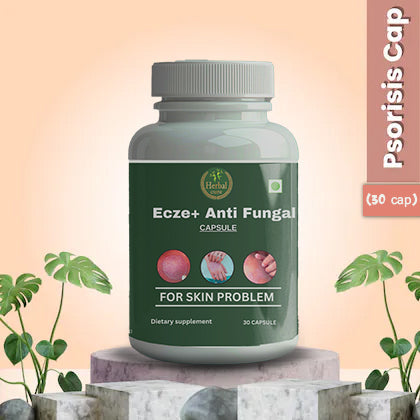 A bottle of Ecze Anti Fungal Capsule with a green label, placed on a stone surface, 