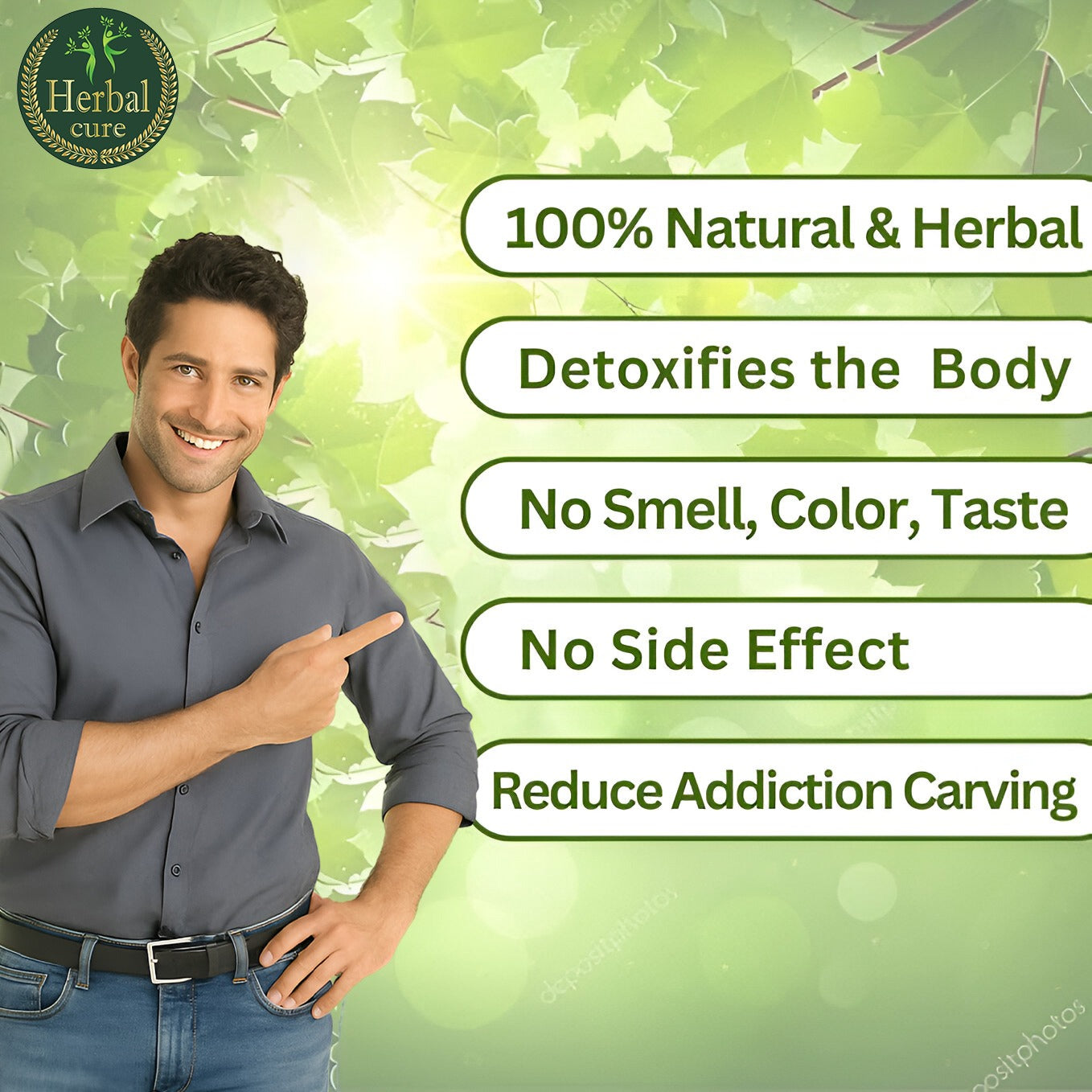 Man pointing to text about natural herbal products against