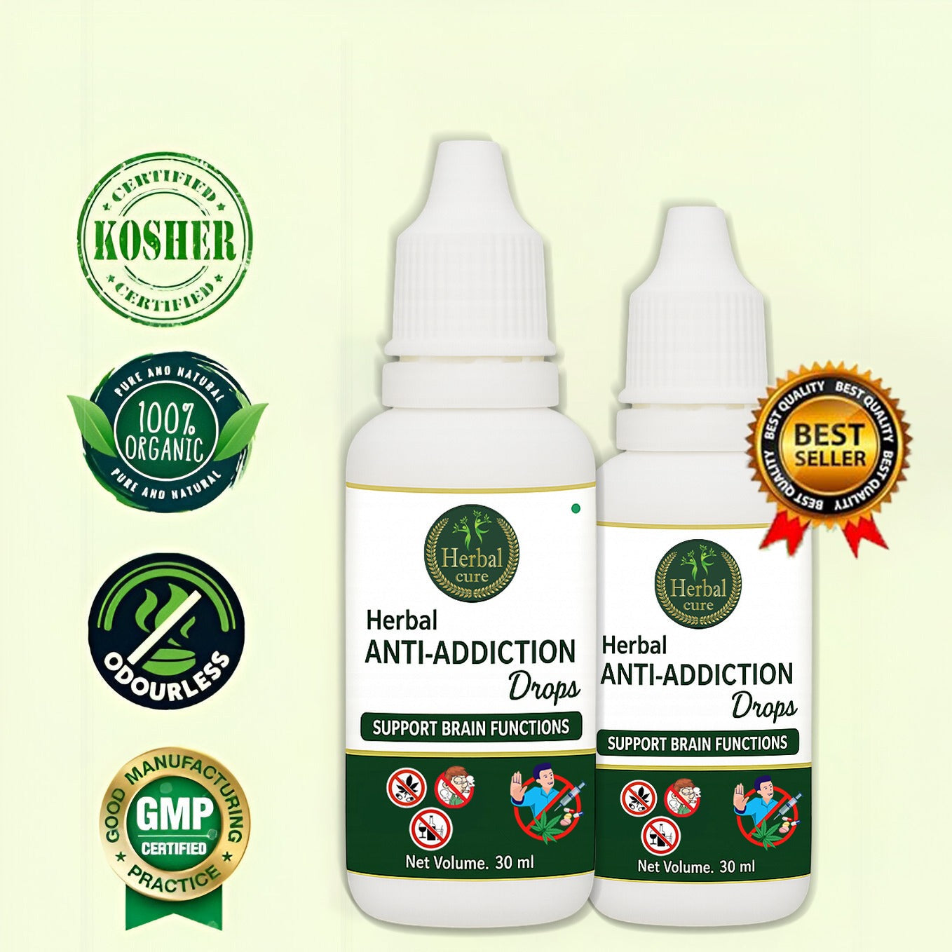 Two bottles of herbal anti-addiction drops with certification logos