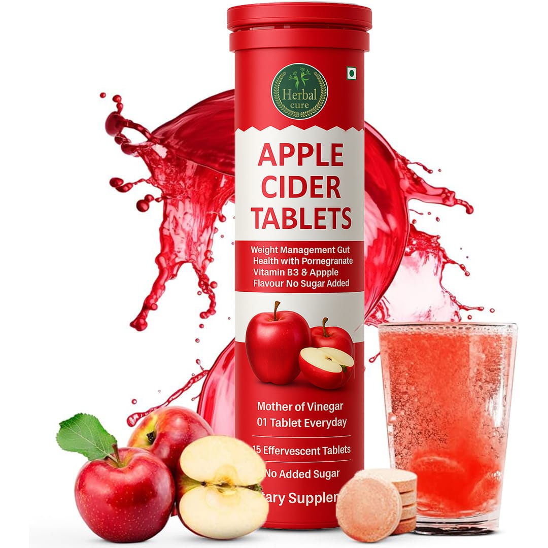 A container of Apple Cider Tablets by Herbal with a glass of apple cider
