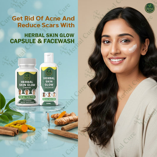 Herbal skin care products with a woman using the product on her face.