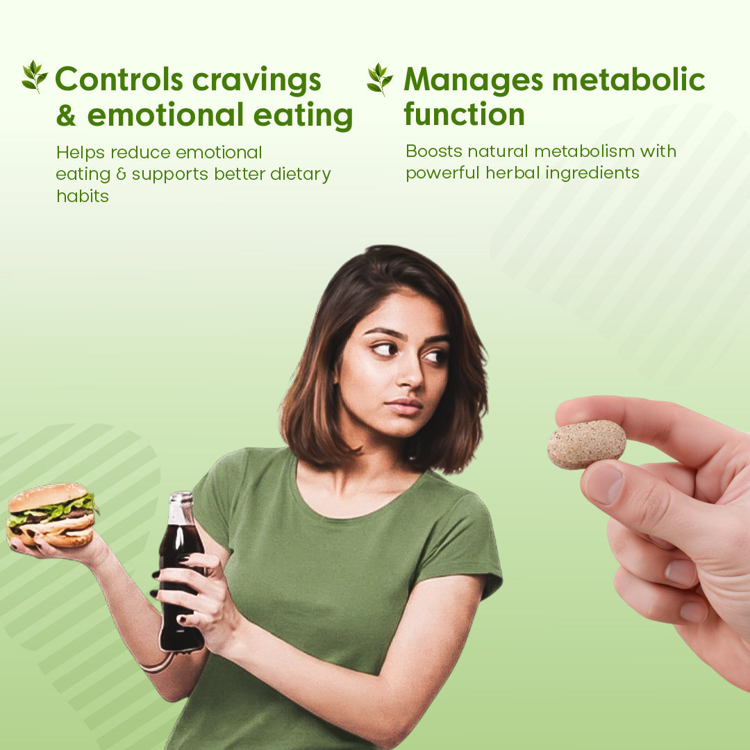 Woman holding a burger and soda with a hand and another hand offering a pill, on a green background with text about controlling cravings and managing metabolic function.