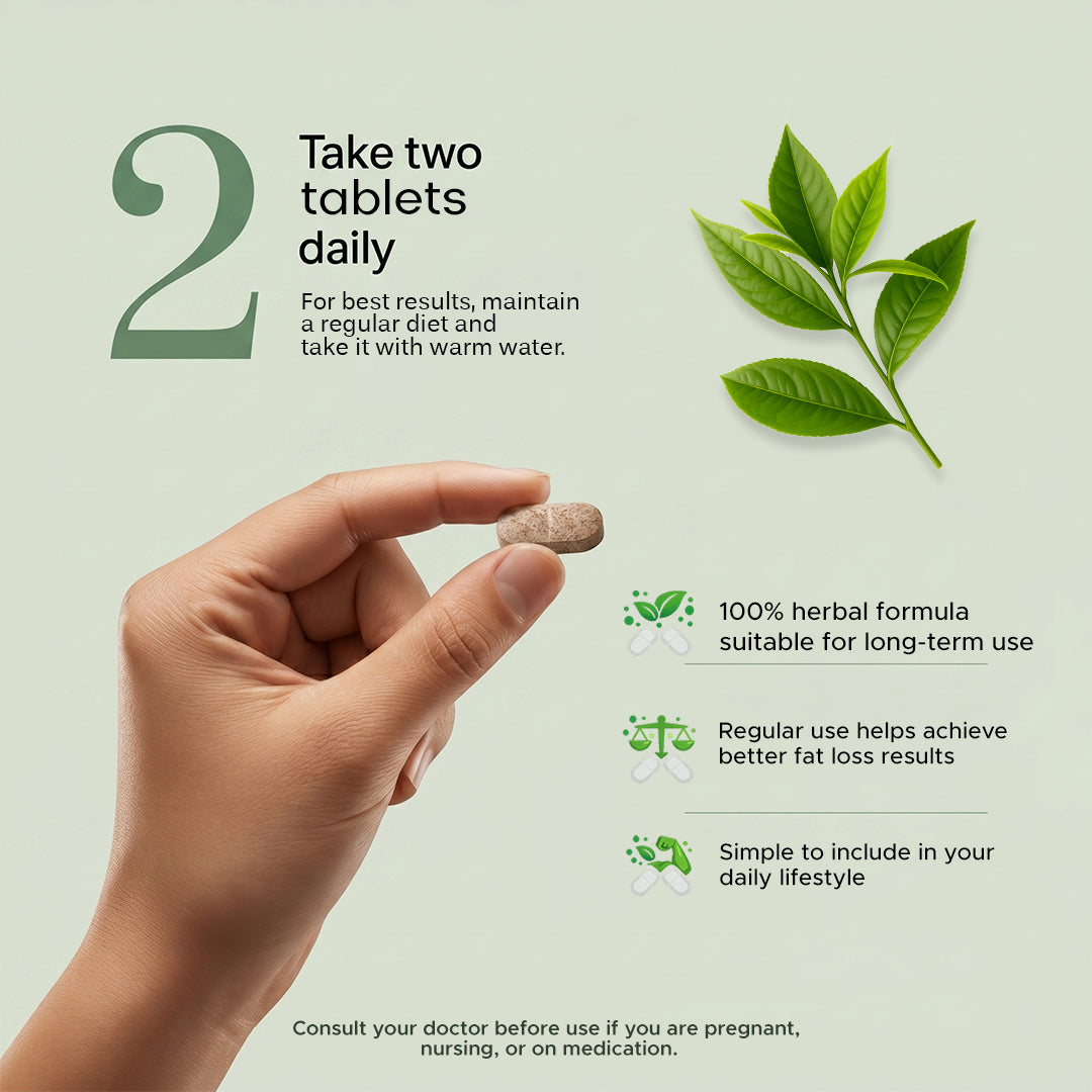 Hand holding fat cutter  tablet with herbal leaf illustration and text on a light green background