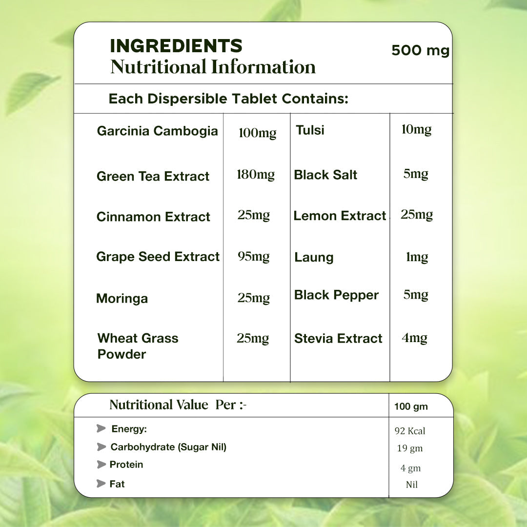 Nutritional information label for a dietary supplement with ingredients and their quantities on a green leafy background.