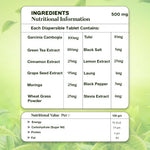 Nutritional information label for a dietary supplement with ingredients and their quantities on a green leafy background.