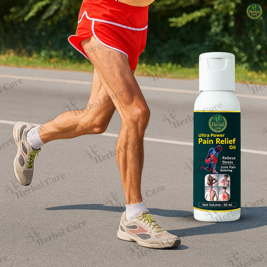 Person running on a road with a bottle of Ultra Power Pain Relief Oil