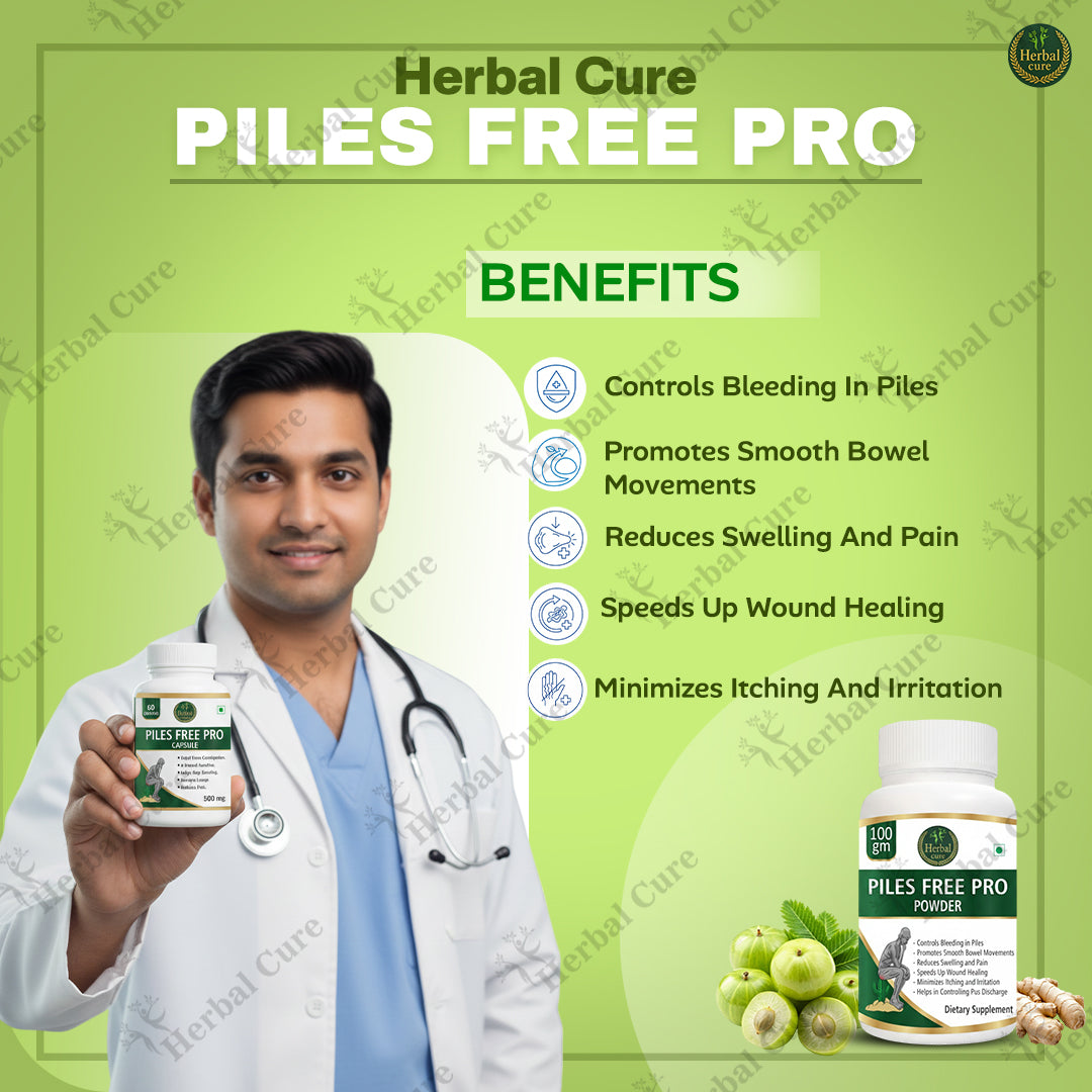 Doctor holding a bottle labeled 'Piles Free Pro' with product benefits 