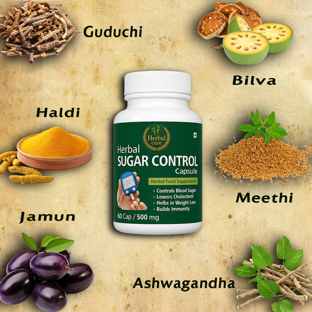 Herbal Sugar Control Capsule with ingredients like Guduchi, Bilva, Haldi, Meethi, Jamun, and Ashwagandha 