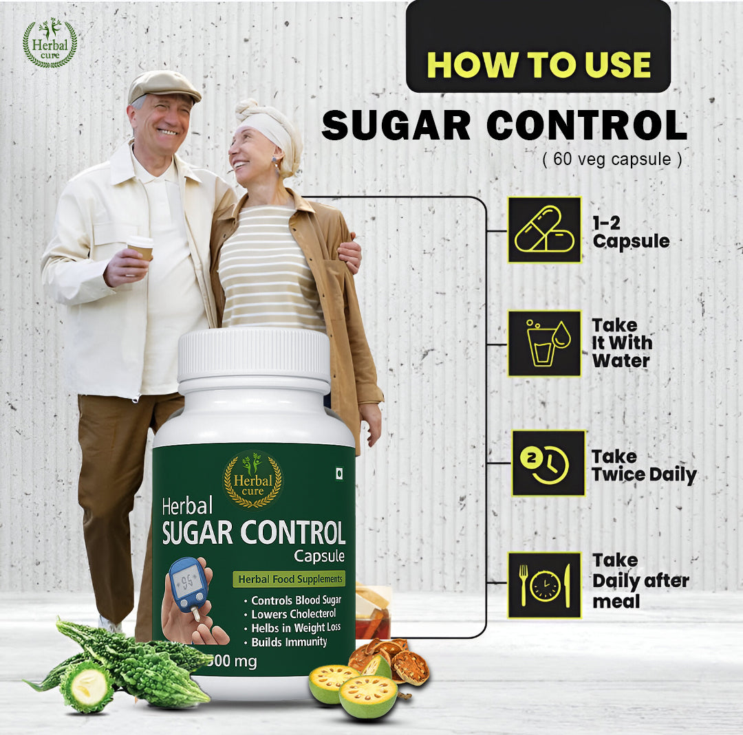 Herbal Sugar Control supplement bottle with usage instructions 